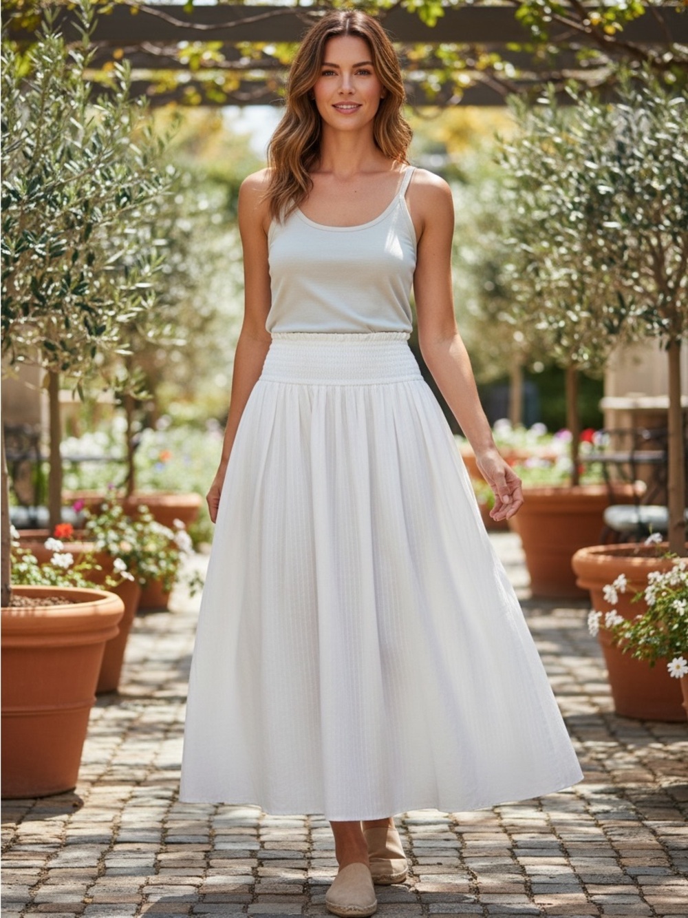 Saks Fifth Avenue White Smocked-Waist Maxi Skirt